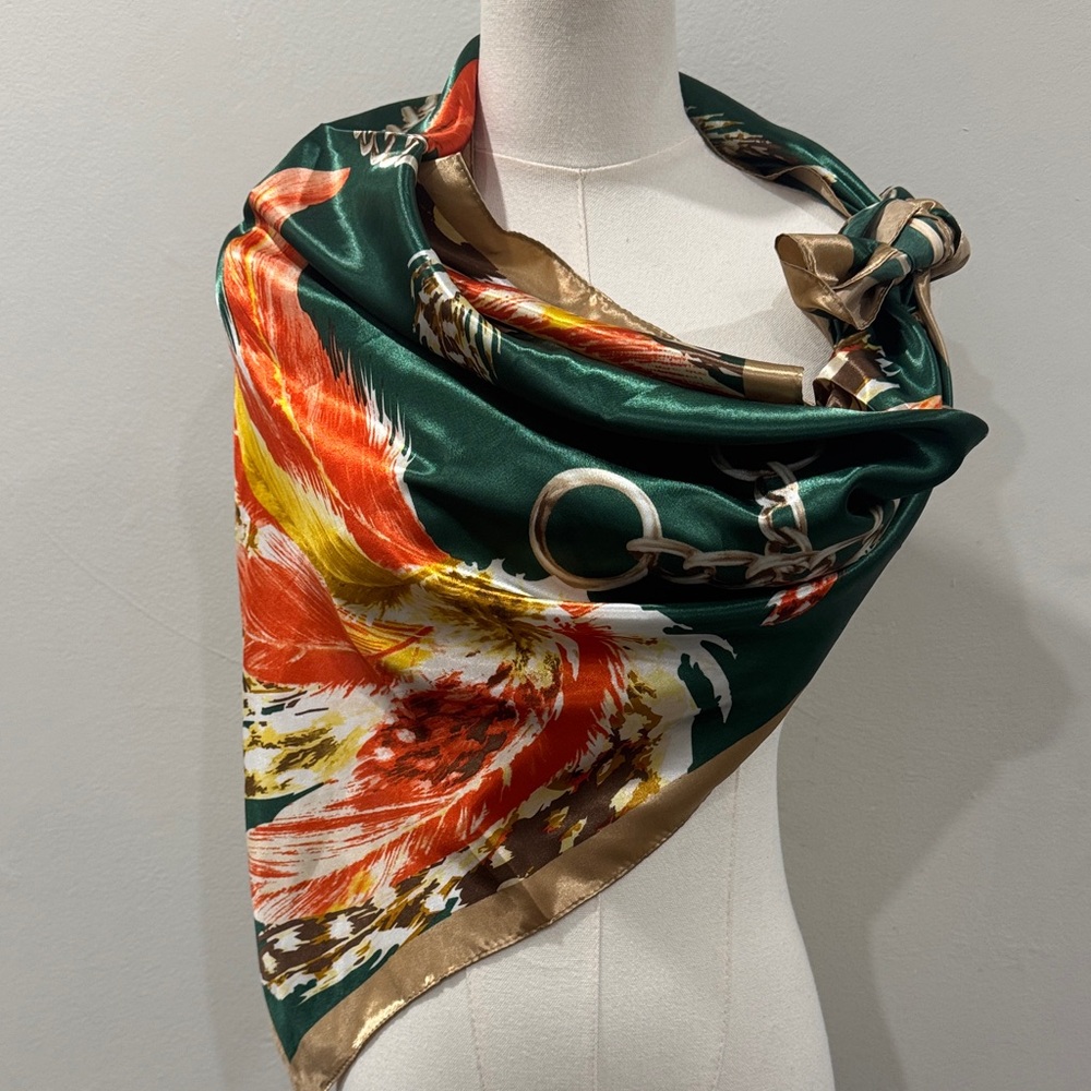 M.O.S 100% Silk Green and Gold Feather Print Scarf – 36” x 36”